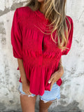 Summer New Solid Color Collar Button Casual Fashion Short Sleeves To Puff Shirt Women's