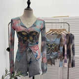 Shooting Amount Of Bumpy Tulle Spliced Denim Butterfly Design Sunscreen Coat V Collar Short T-Shirt