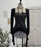 Dark Tidal Irregular Hanging Neck Tie With Hollow Spliced Niche Pads On The Shoulder With Long-Sleeved T-Shirt