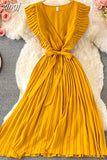 Women Green/Red/Beige Pleated Midi Dress Vintage V-Neck Draped Party Robe Female Elegant Casual Vestidos New Fashion