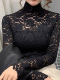 Zingj Color Lace Bottom Shirt Female Spring Versatile Half Turtleneck Small Shirt Jacket Hollow Out Sexy With Long Sleeve Bottom