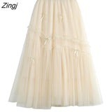 Bow Pink Long Tulle Skirt Women Korean Fashion ELastic High Waist A-Line Tutu Maxi Skirt Elegant Female Faldas Jupe