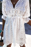 Out White Mini Dress Women Embroidery Summer Dress Female V Neck Short Dress Ladies Casual Elastic Waist A-line
