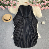 Zingj Light Luxury Temperament Three House Pleated Bat Sleeve Round Collar Loose A-Word Pleated Dress Elegant Long