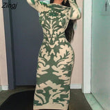 Women Printed Backless Long Dress Fashion Long Sleeve O-neck High Waist Bodycon Slim Dress for Spring