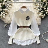 Style High-Level Light Luxury Lady Suit Women Autumn And Winter Solid Color Loose Long-Sleeved Shirt + Sleeveless Knitting