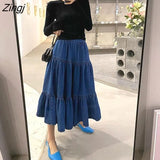 Women Baggy High Waist Solid Popular A-Line Leisure Denim Birthday Party Mujer All-match Streetwear Students Midi
