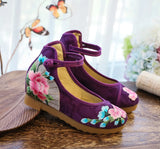 Zingj Shoes, Single Shoes, Peony Folding Fan Ancient Wind Embroidered Cloth Shoes, A Word Buckle Retro Slope Heel