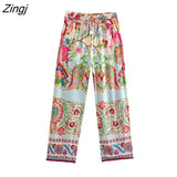 Women Vintage Paisley Patchwork Floral Print Straight Pants Femme Chic Elastic Waist Long Trousers Pantalones Mujer