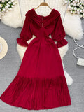 Pleated Party Midi Dress Women Sexy Slash Neck Off Shoulder Flare Long Sleeve Draped Ruffle Vestidos Female