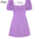 Women French Style Square Collar Pleats Puff Sleeve Black Mini Dress Female Chic Back Lace Up Casual Slim Vestidos