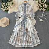 Retro High-End Lantern Long-Sleeved Print Dress Female Light Luxury Elegant Single Buckle Waist Swing