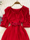 Vintage Women Irregular Pleated Dress Elegant V-Neck Ruffle Short Puff Sleeve High Waist Draped Midi Robe With Belt