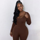 Fall Winter Long Sleeve Jumpsuit Women V Neck Bodycon Rompers Womens Jumpsuit Black Casual Fitness Streetwear