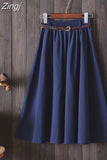 Women Preppy Style Summer Skirt Casual A-line Solid With Belt Mid-length Fashion Elegant Chic Girls Midi Skirts
