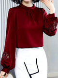 Women's Blouse Silk Tops for Women Solid Embroidered Long Lantern Sleeve Top Stand Neck Clothing Female 2023 Basic