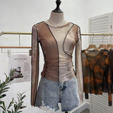 Sunset Sun Dyed Elastic Mesh Yarn T-Shirt Stacked With Long-Sleeved Top Press Line T-Shirt