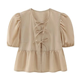 New Bubble Sleeve With Solid Color Short Top