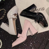 Zingj French Retro Pink Thick Heels Mary Jane Shoes 2023 New Bow Black Budle Single Shoe