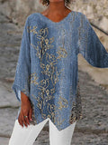 Women's Clothing 2025 Summer New T-Shirt Casual Loose Irregular Print Long-Sleeved V-Neck