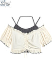 Shirt Vests Two-piece Set Women Frill Cute Short Sleeve O Neck Crop Top Harajuku Y2k Casual Tee Women Summer Chic Retro