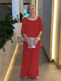 New Solid-Color Suit Round-Collar Sleb Set Of Bright Bat Shirt Wide Leg Trousers Set For