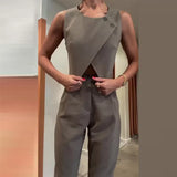 Zingj Summer New Solid Color Round Collar Button Top Temperament Straight Pants Suit Women-Outfit