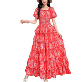 Floral And Haffin Dress Women's New Summer Bubble Short Sleeves To Close The Waist Thin Holiday High-End Cake
