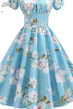 Women Vintage Floral Printed Summer Dress Puff Sleeve Elegant A-line Midi Party Dress Robe Chic Rockabilly Pinup