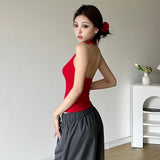 2024 Summer New Women's Solid Color Hanging Neck Three-Dimensional Flower Vest High-Waist Loose Straight