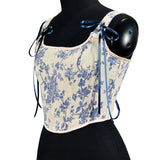 French Orchid Print With Fish Bone Corset Short Vest Bustier Crop Early Spring