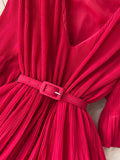 Vintage Women Pleated Chiffon Midi Dress Elegant V-Neck Short Sleeve High Waist A-Line Draped Purple/Red/Yellow Robe