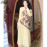 Patchwork Vintage Dress Women Casual Korean Evening Party Fairy Dress 2022 Summer Long Sleeve Designer Retro Midi