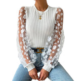 Women's Wear Mesh Small Flower And Snow-Flake Shirt Women 2025 Spring And Summer Round Collar Thin-Sleeved
