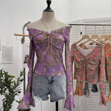 Print V-Neck Horn Sleeve Top Wooden Ear Lace With Short-Sleeved Long-Sleeved T-Shirt