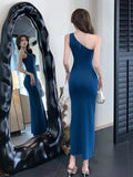 Zingj Pat Yujie Style Temperament, Sexual Oblique Shoulder Dress, Advanced Sense, Slim, Hip-Covered Knitted