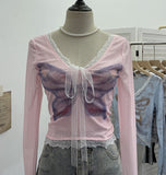 Shot Micro-Permeable Mesh Butterfly Print Splicing Lace Hanging Neck Horn Long-Sleeved T-Shirt Repair Short Top