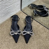 New Buckle Stiletto Heel High Heels Pointed Toe Rhinestone Bow Bandage