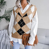 Pullover Rhombus V-neck Casual Loose Knitted Sweater Women's