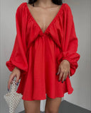 Autumn Women's Skirt Lantern Sleeve V Collar Sexy Temperament High-End French Retro