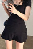 Korean Fashion Square Neck Bodycon Short Sleeve Black Dress Female Basic Solid Ruffles Summer Dresses Ruched