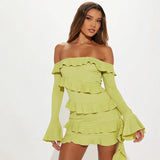 Autumn Women's New Fashion Long-Sleeved Horn Sleeves Shoulder Lotus Leaf Side Ribbon