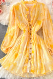 Vintage Women Pleated Chiffon Mini Dress Elegant V-Neck Draped Single Breasted Ruffle Vestidos Sexy Party Robe 2023