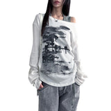 Autumn 2024 New Women's Sexy Hottie Side-Shoulder Loose Art Print Long-Sleeved
