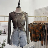 Sun Dyed Elastic Mesh Yarn T-Shirt Stacked With Long-Sleeved Top Press Line T-Shirt