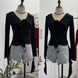 Han's New V-Neck Flower Irregular Lotus Leaf Edge Ribbon Slim Thin T-Shirt Short Top