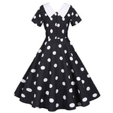 Women Summer Dress Black Polka Dot Short Sleeve Peter pan Collar Casual Elegant Party Vintage Midi Sundress Robe