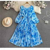 New Gentle Style Temperament Long-Sleeved Round Recipient Waist Thin Print Chiffon Big Swing Long Dress