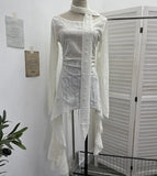 Dark Waste Soil Wind Makes The Old Hole Hanging Shoulder Hanging With Long Sleeves Irregularly Open Fork T-Shirt Skirt
