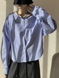 Spring Round Collar Single Buckle Pearl Necker Casual Striped Shirt Women Casual Ocean Sweet